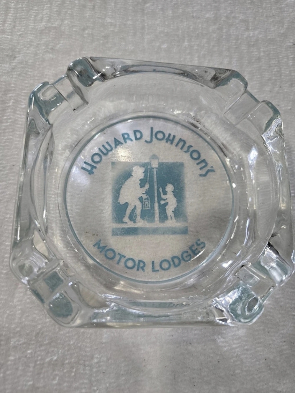 Vintage Howard Johnson's Motor Lodge Glass Ashtray Lamplighter Blue Logo HoJo